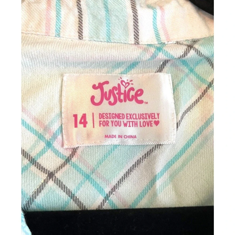 Justice Soft Plaid Girls Shirt Sz 14 Blue White Metallic Button Soft‎ Comfy